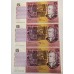 AUSTRALIA 1990 . FIVE 5 DOLLARS BANKNOTE . FRASER/HIGGINS . ERROR . CONSECTIVE TRIO . MISSING COLOUR
